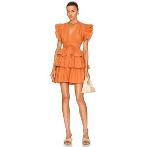 Ulla Johnson Sena Ruffle Sleeve Tiered Orange Clay Mini Dress